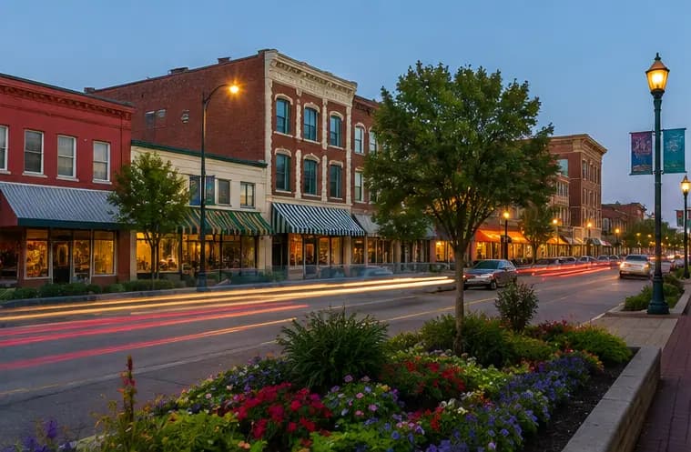 Historic brick storefronts along a Dallas commercial street at dusk
