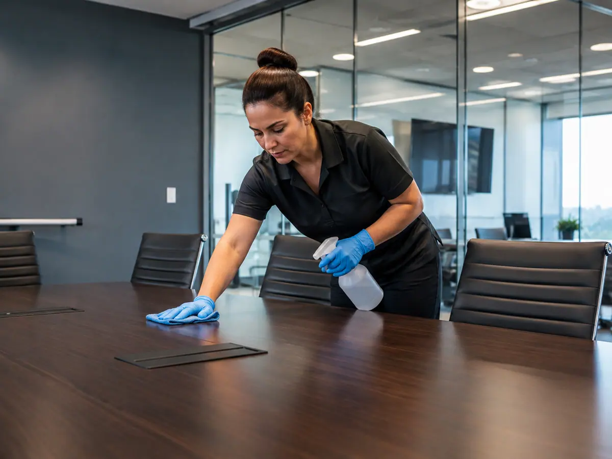 Cleaner using a carpet extractor in a Deep Ellum commercial space in Dallas