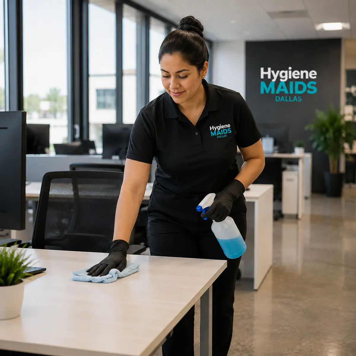 Cleaner wiping a desk in a Design District creative office in Dallas
