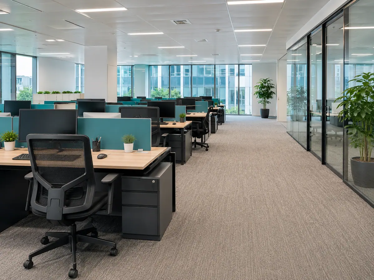 Open-plan office floor with workstations in Downtown Dallas after cleaning