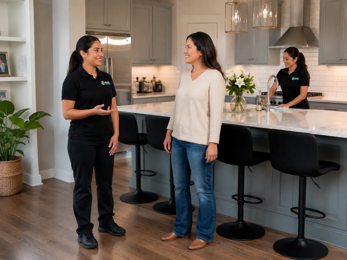 Hygiene Maids cleaner talking with a homeowner in a Highland Park kitchen