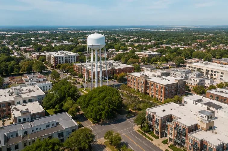 Aerial view of a Dallas neighborhood with mixed low-rise housing and a water tower