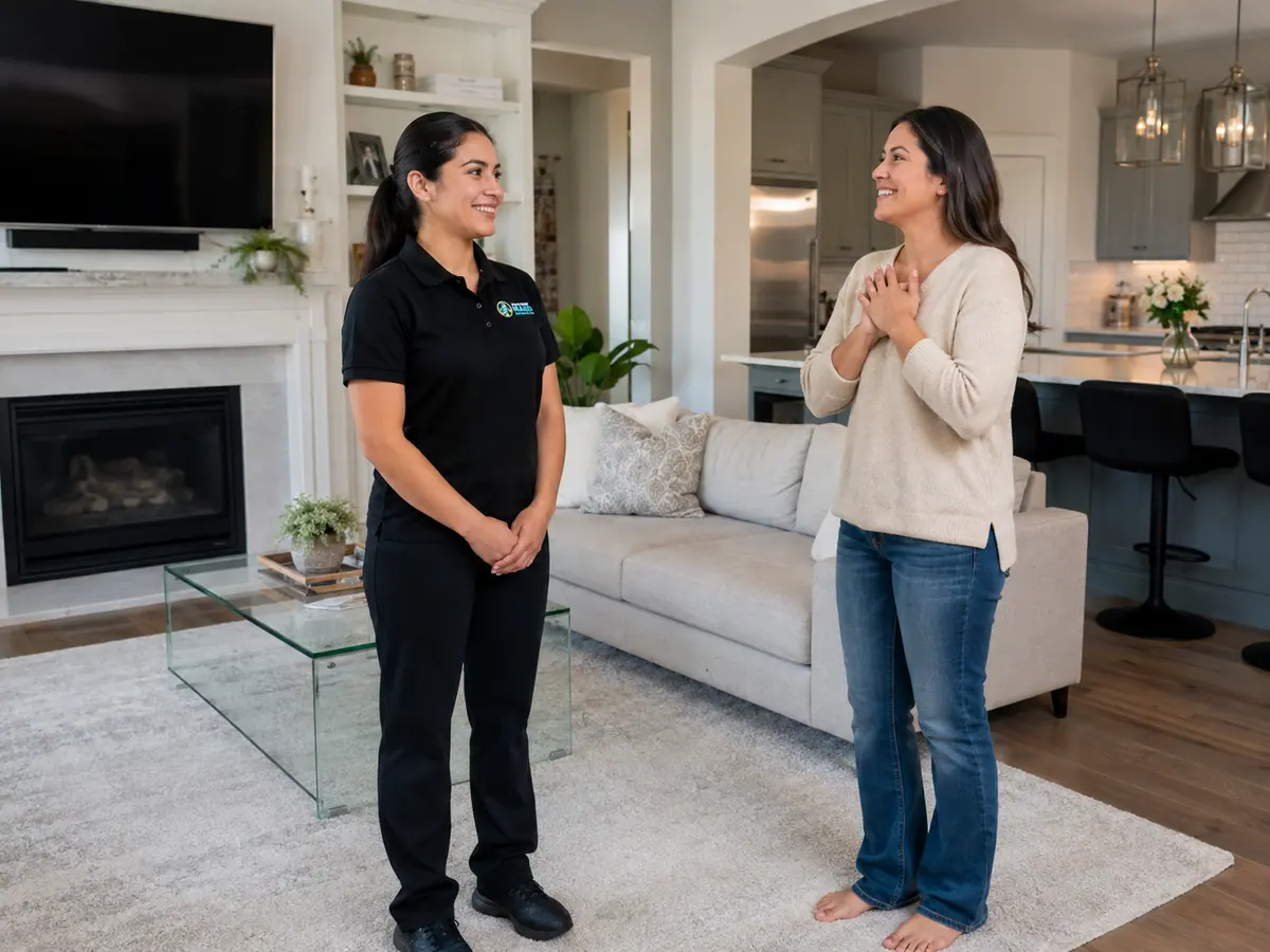 Hygiene Maids cleaner with a homeowner in a Lakewood living room in Dallas