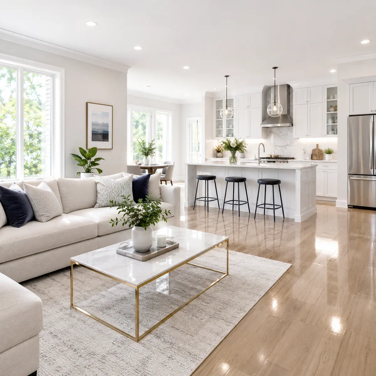 Spacious open living and kitchen area in a Preston Hollow home after cleaning