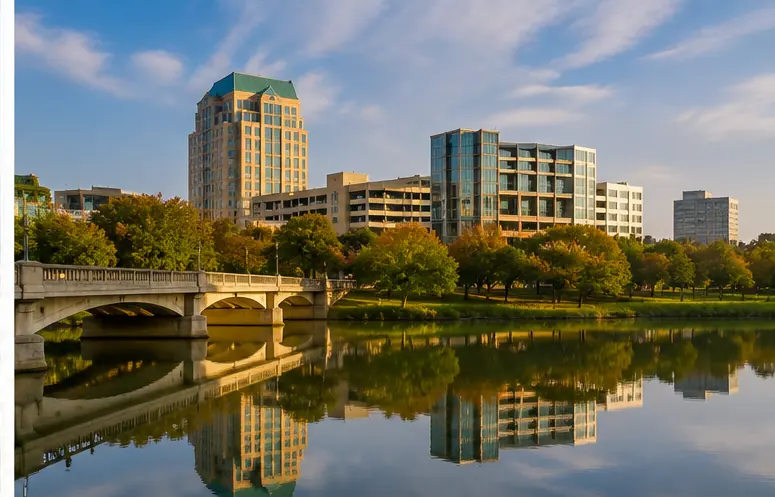 Mid-rise residential buildings beside a creek and stone bridge in Dallas