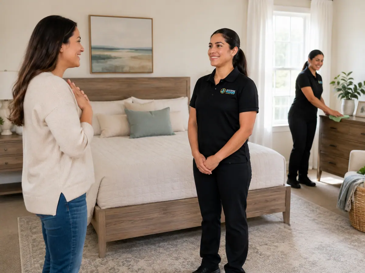 Cleaner and homeowner in a University Park bedroom during a scheduled visit