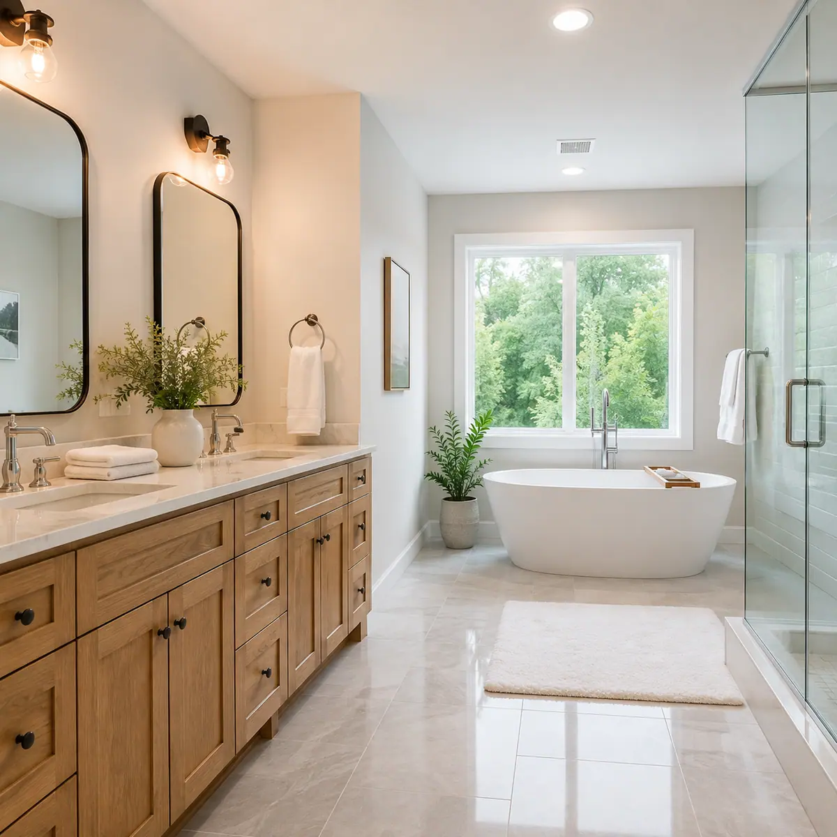 Bright modern bathroom in an Uptown Dallas residence after cleaning