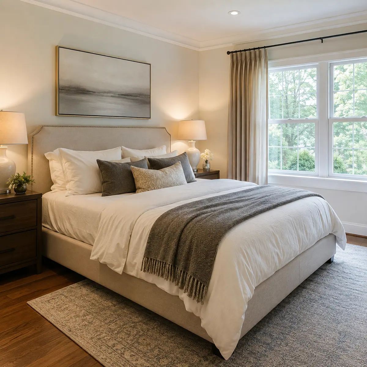Neatly made bed in a Victory Park high-rise residence in Dallas