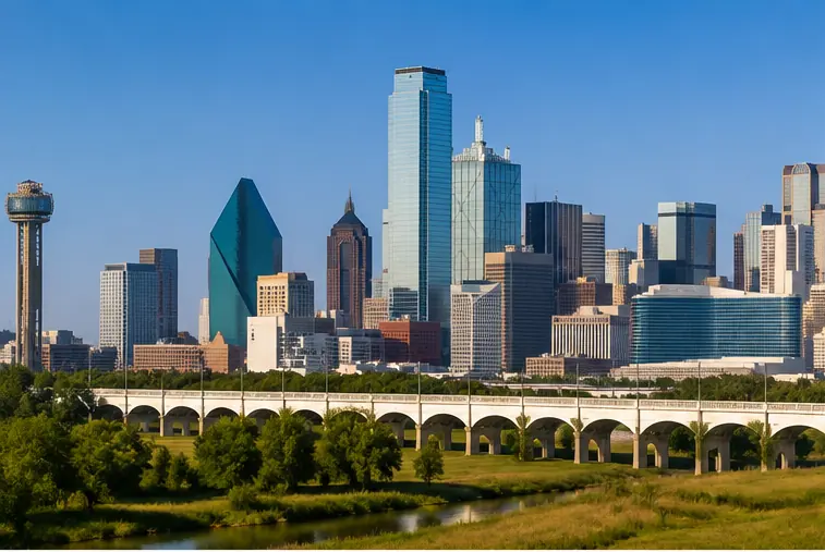 Dallas skyline across the Trinity River with Reunion Tower to the left