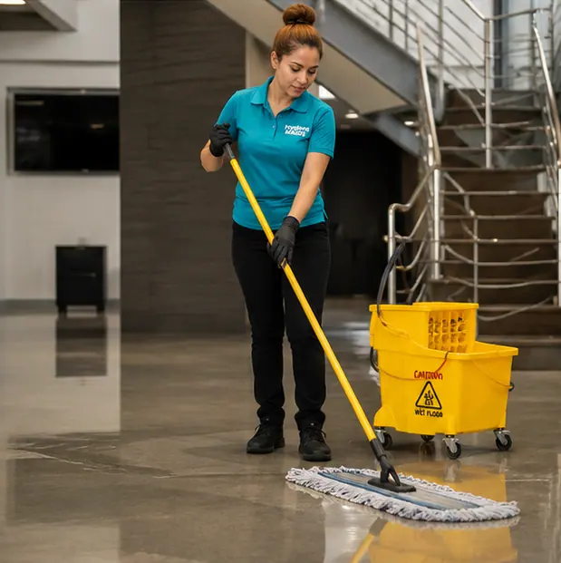 Cleaner mopping the floor of a large lobby with a staircase in a Dallas facility