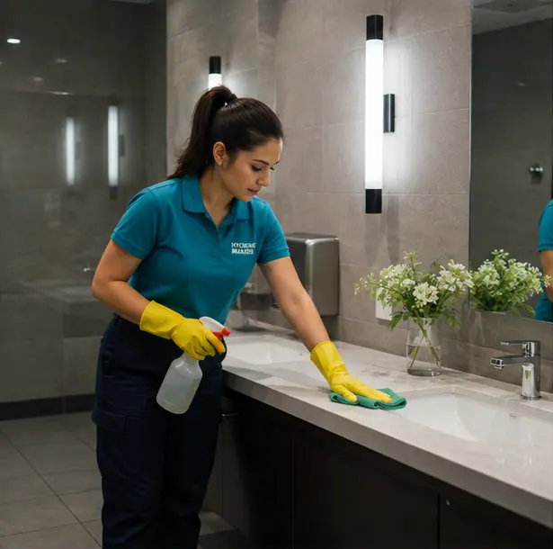 Cleaner disinfecting a commercial restroom vanity and mirror in Dallas