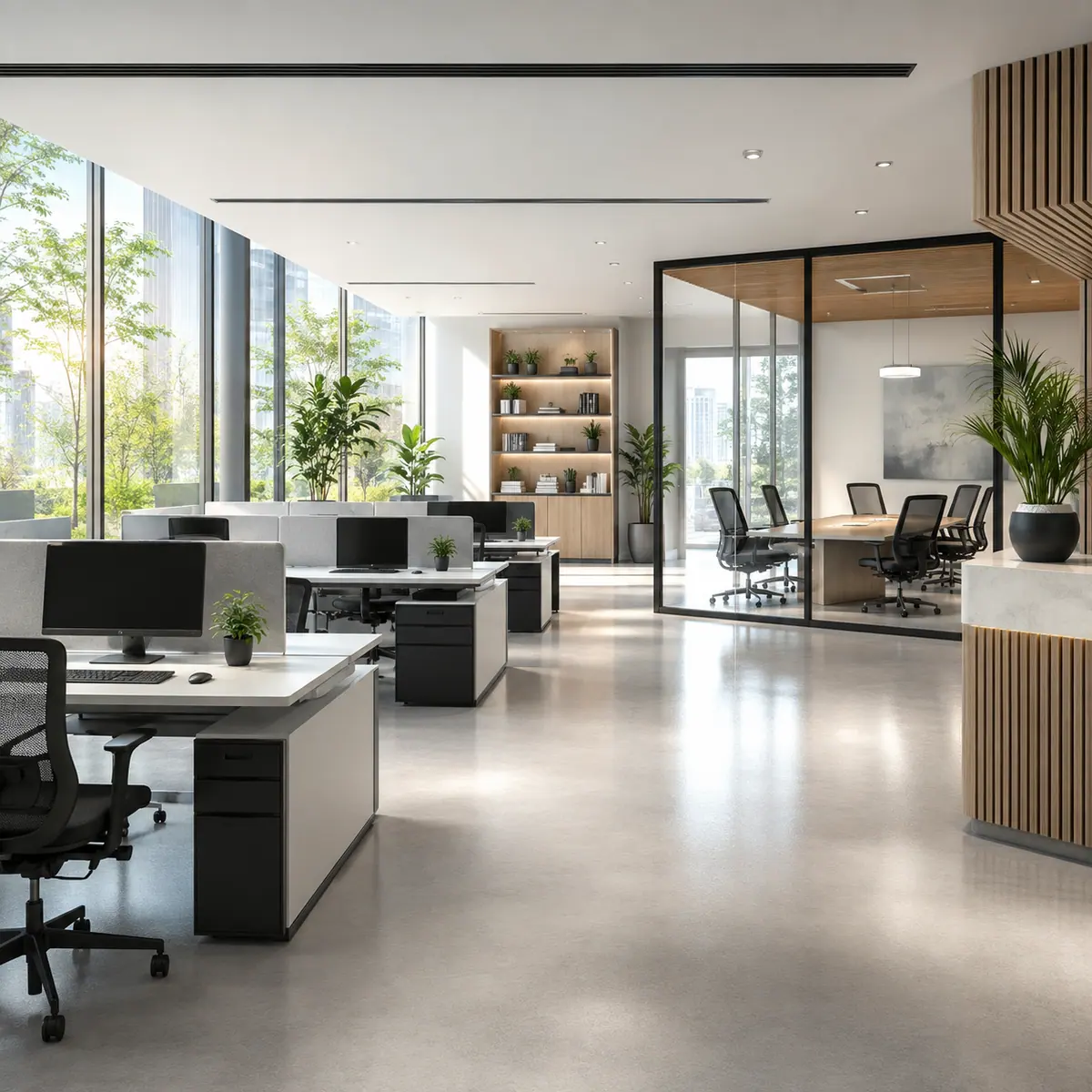 Open-plan Dallas office space cleaned and ready for the working day