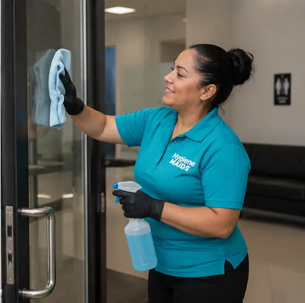 Cleaner wiping down a glass door in a Dallas medical office corridor