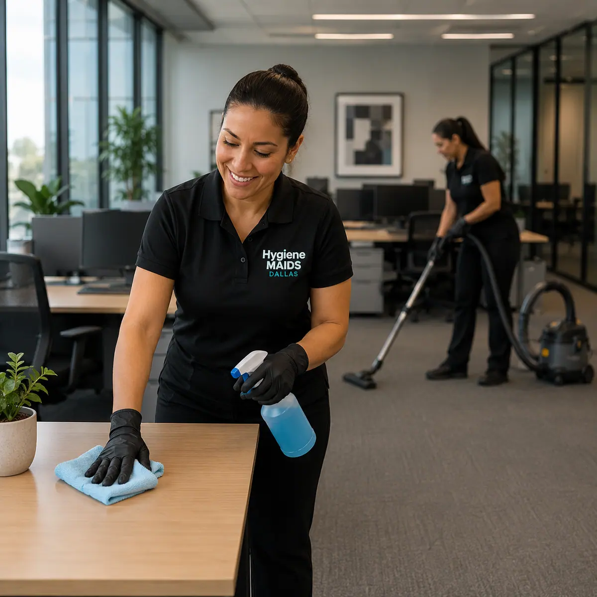 Hygiene Maids cleaner wiping down a workstation in a Dallas office after hours