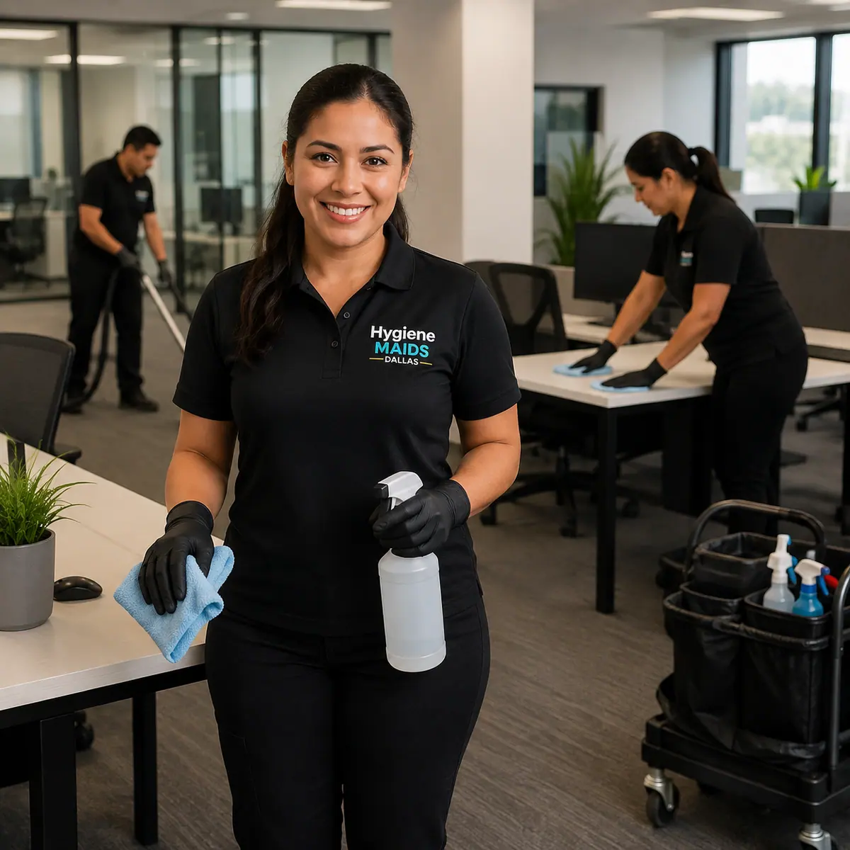 Two Hygiene Maids cleaners servicing an open-plan Dallas office with a cleaning caddy