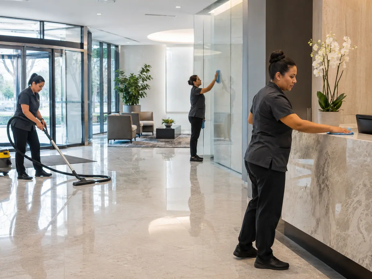 Cleaner working through a bright commercial reception and seating area in Dallas
