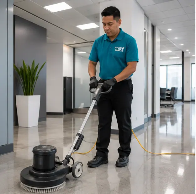 Cleaner operating a floor machine in a bright institutional corridor in Dallas