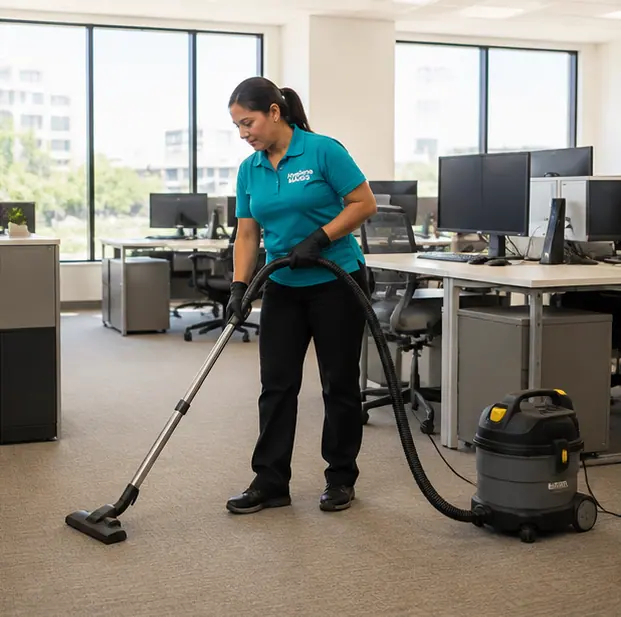 Cleaner using a commercial wet and dry vacuum in a large Dallas facility