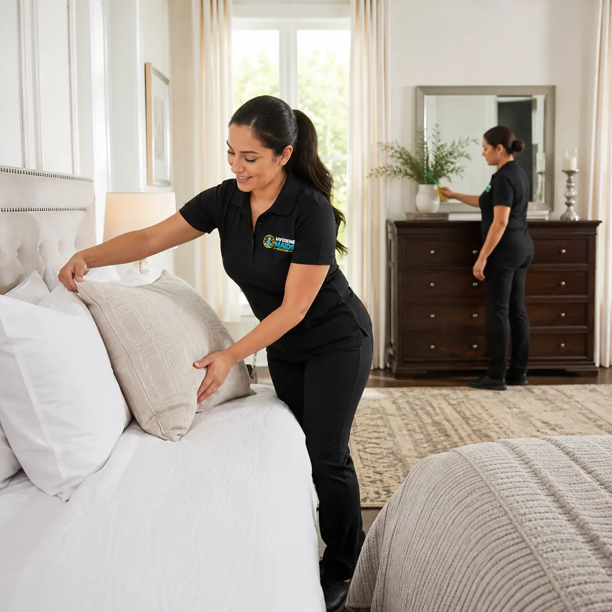 Cleaner making a bed in a Dallas bedroom during a scheduled biweekly visit