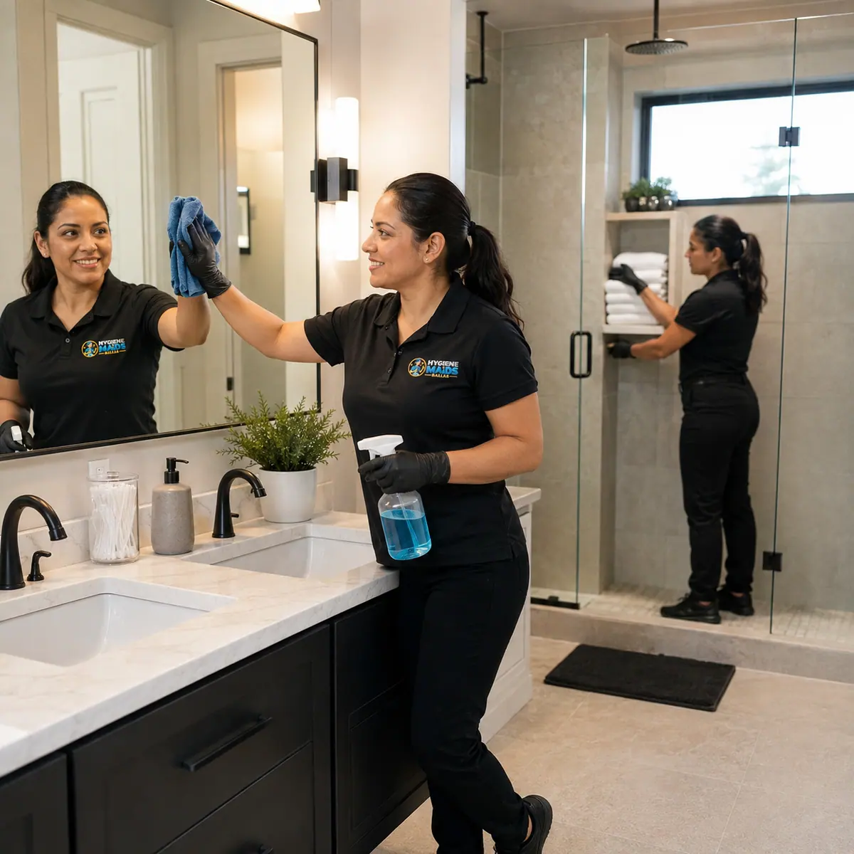 Two Hygiene Maids cleaners detailing shower glass and a bathroom vanity during a deep clean