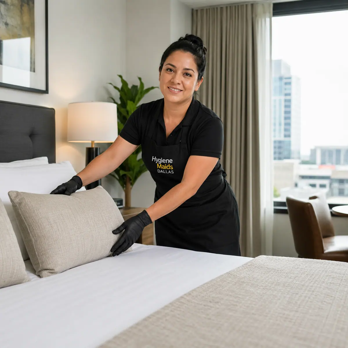 Cleaner making a bed in a Dallas high-rise residence with a city view through the window