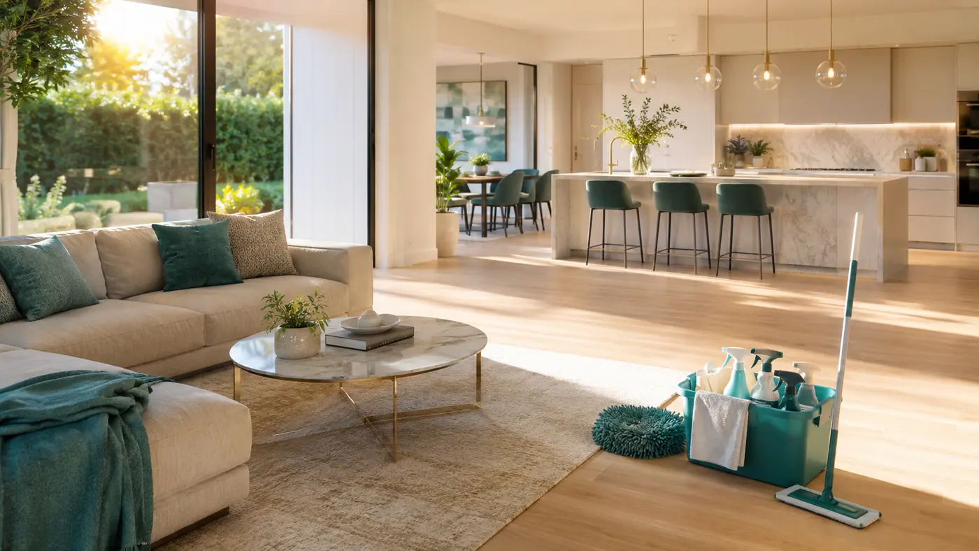 Open Dallas living room and kitchen with Hygiene Maids cleaning equipment set out ready to start