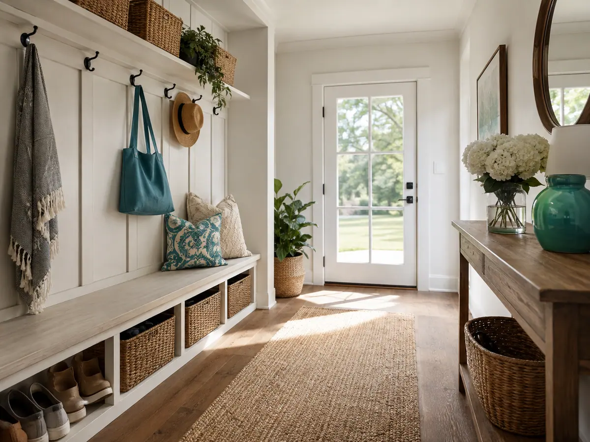 Freshly cleaned entry and mudroom with built-in millwork in a Dallas home, ready before move-in
