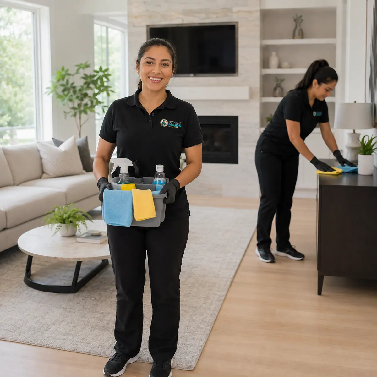 Two Hygiene Maids cleaners working through the living room of a Dallas home on a recurring visit