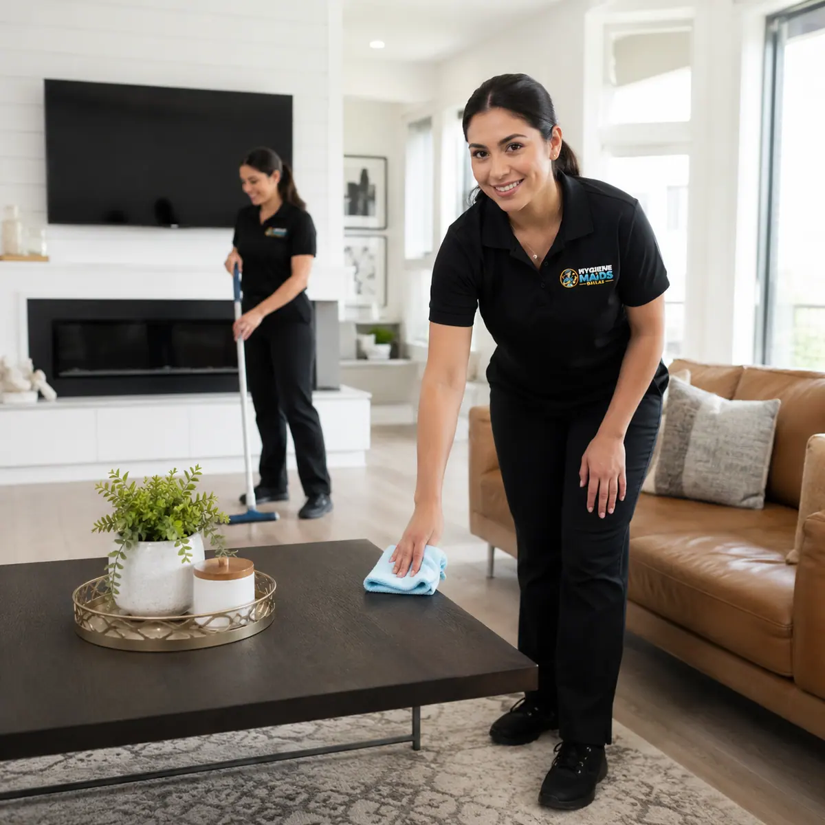 Cleaner wiping a coffee table in a tidy Dallas living room during a standard maintenance visit