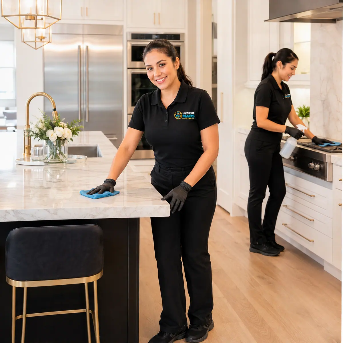 Cleaner wiping down a kitchen island in a Dallas home during a weekly visit