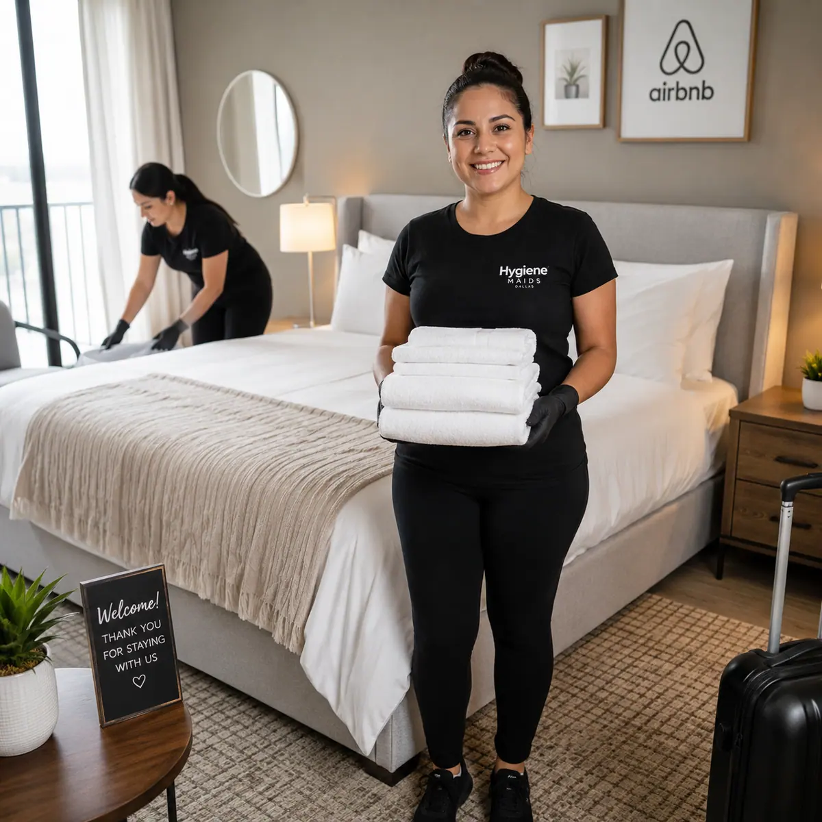 Cleaner placing folded towels on a made bed in a Dallas short-term rental