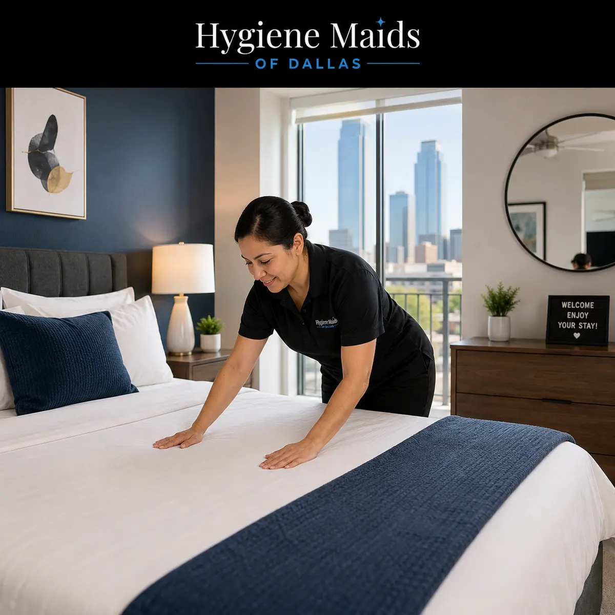Short-term rental bedroom in a Dallas high-rise prepared between guests