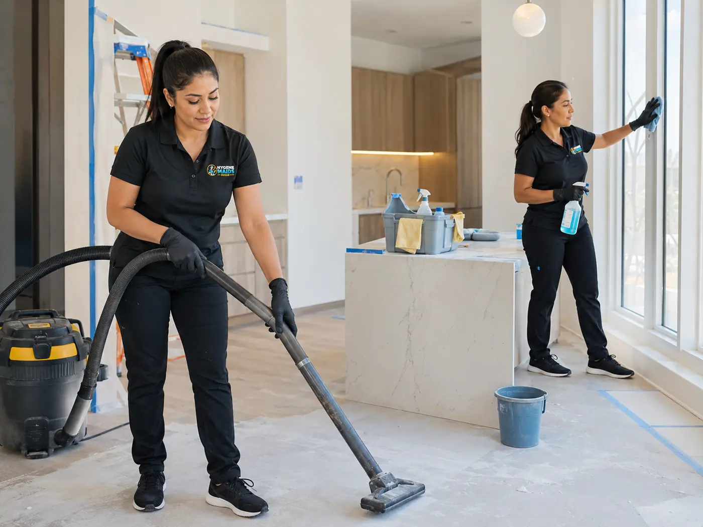 Two Hygiene Maids cleaners vacuuming construction dust and cleaning window glass in a newly finished Dallas build